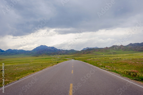 Road thru the mountains at Sayram lake, Xinjiang Uyghur autonomous region, China