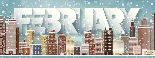 February month,winter cityscape.City silhouettes.Town skyline. Panorama. Midtown houses.New year,christmas.Holidays in January,December.