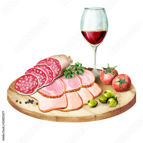 Glass of wine, smoked meat and sausages on the plate. Watercolor