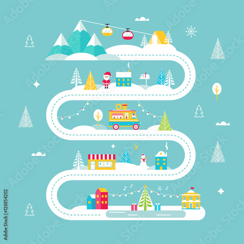Christmas and Winter Holidays Road Map. Lights, City, Market, Mountain Cable Cars and Santa. Vector Illustration