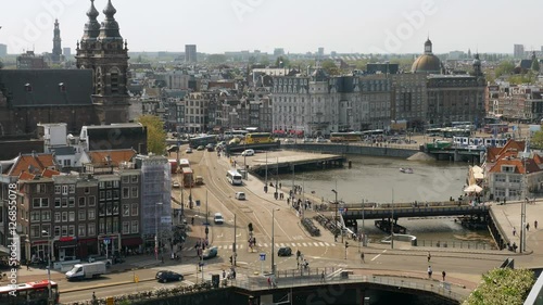 Historical center of the city of Amsterdam -opposite of Central Station- with canals, roads and typical historical buildings. Top view. photo