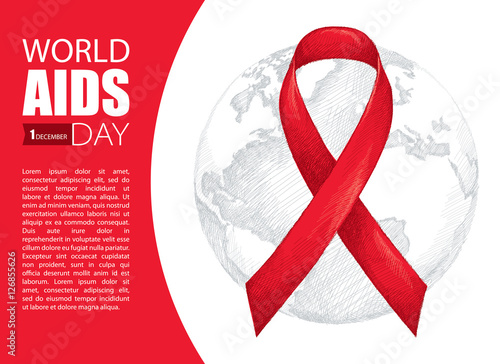 Vector illustration with gray earth planet and red ribbon isolated on white background. AIDS Awareness symbol in line art style. Design for world AIDS day 1 December with world map, ribbon and text.