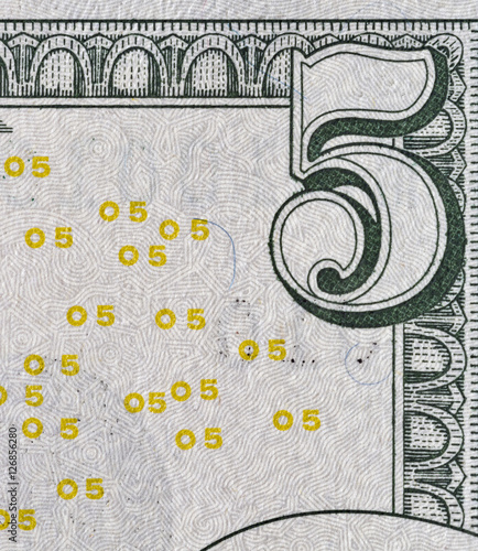 US five dollars bill corner, closeup