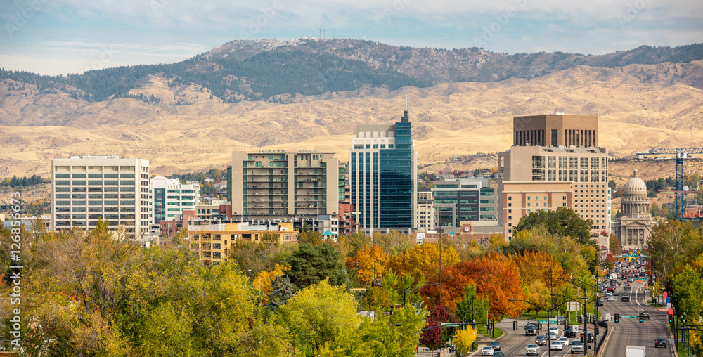Obraz premium Capital City Boise Idaho with fall trees skyline