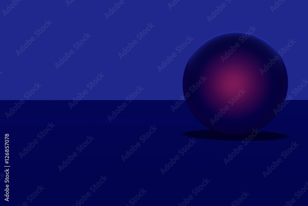 3D-Rendering einer blauen Kugel - rötlich leuchtend - auf dunkelblauer Fläche
