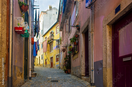 Typical traditional portuguese street in Lisbon  Portugal