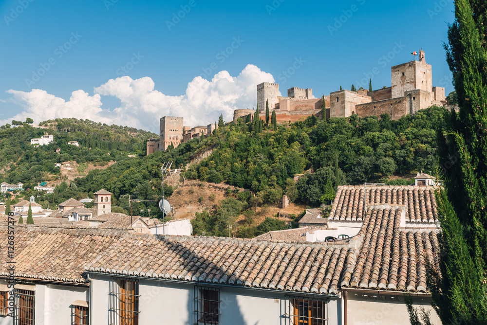 Granada - The Alhambra palace and fortness complex in evening light...