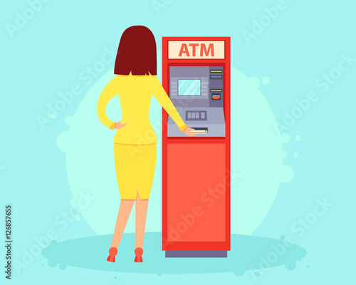Young woman withdraws money from an ATM. Vector illustration