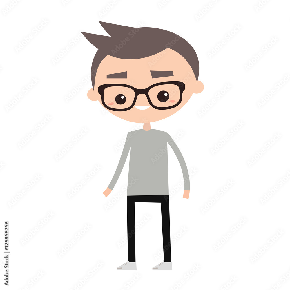 Smiling geek wearing glasses and grey long sleeve  / editable vector illustration, clip art