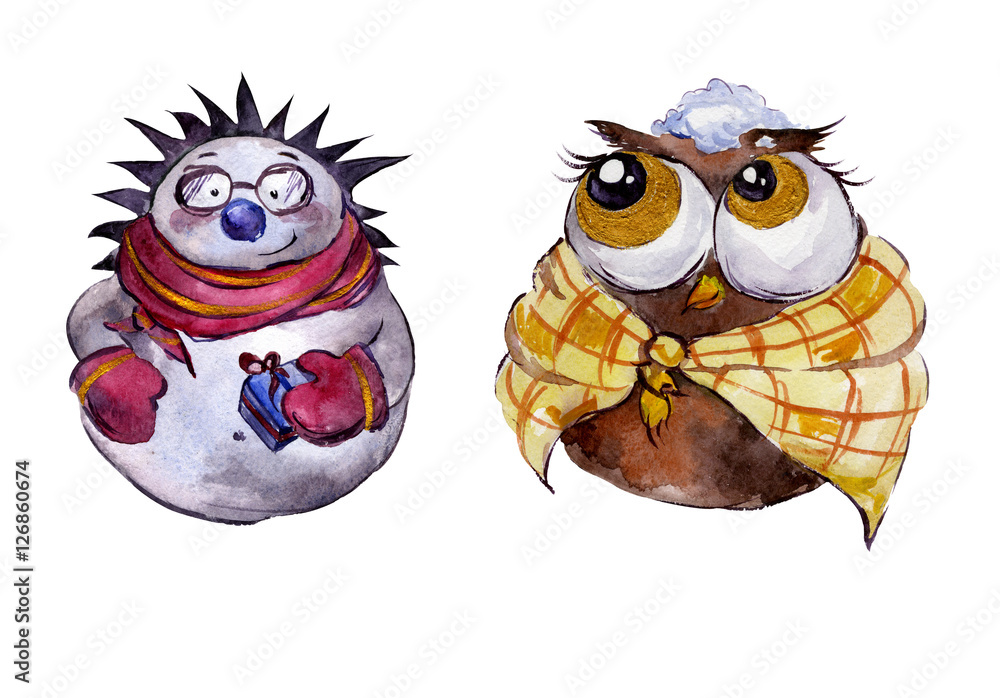 Fototapeta premium Rounded smiling hedgehog and funny owl with golden details on white background. Hand drawn watercolor painting. Can be used for Christmas and New year illustrations, greeting cards. 