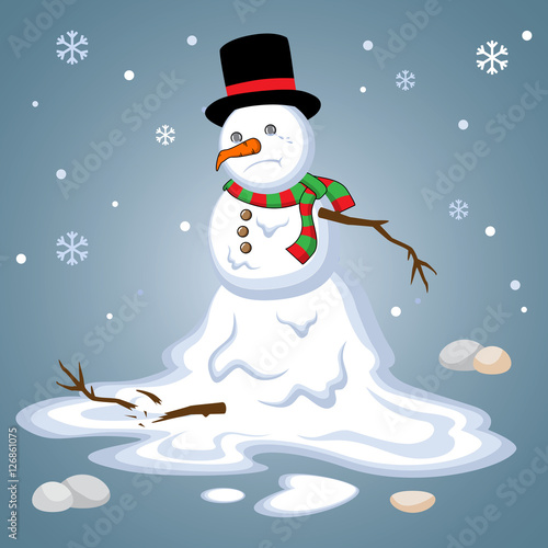 Melting snowman winter blues away cute winter wallpaper. Sad, cry, alone snowman Vector Illustration