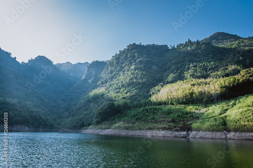 The lake and mountains scenery with blue sky