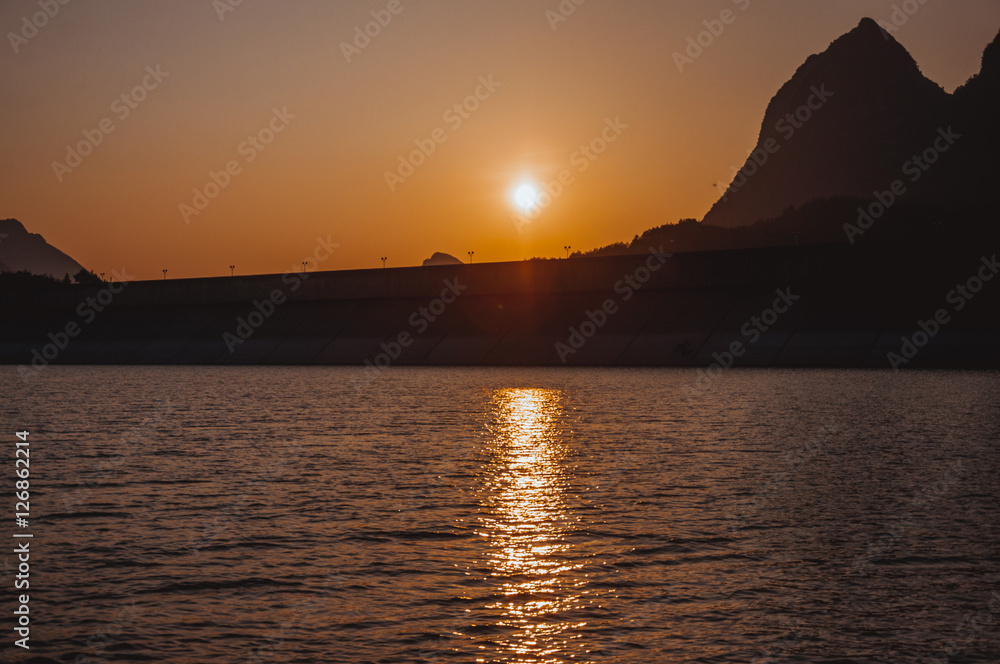 The mountains and lake scenery in sunset