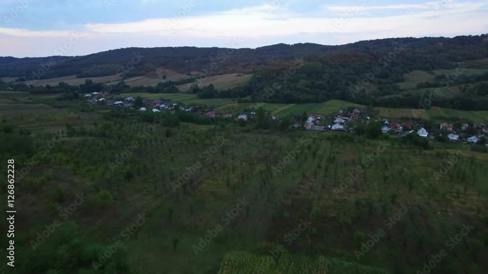 Aerial view of countryside village and crops Aerial view of countryside village and crops