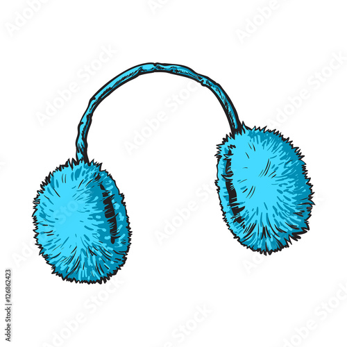 Bright blue fluffy fur ear muffs, sketch style vector illustrations isolated on white background. Hand drawn fluffy ear warmers, ear muffs made of fur, winter accessory