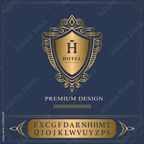 Monogram design elements, graceful template. Elegant line art logo design. English letters. Business gold emblem. for Restaurant, Royalty, Boutique, Cafe, Hotel, Heraldic, Fashion. Vector illustration