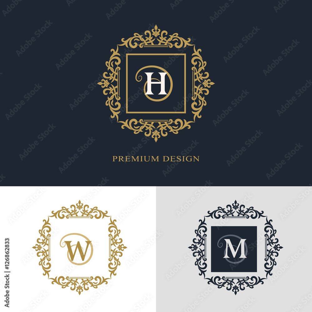 Fototapeta premium Monogram design elements, graceful template. Calligraphic elegant line art logo design. Letter emblem sign H, W, M for Royalty, business card, Boutique, Hotel, Heraldic, Jewelry. Vector illustration
