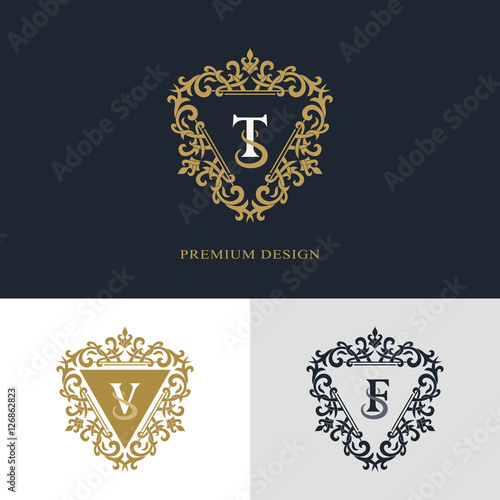 Monogram design elements, graceful template. Calligraphic elegant line art logo design. Letter emblem sign T, V, F for Royalty, business card, Boutique, Hotel, Heraldic, Jewelry. Vector illustration