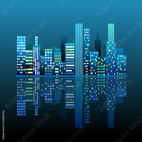 Pixel art night city card. Vector illustration