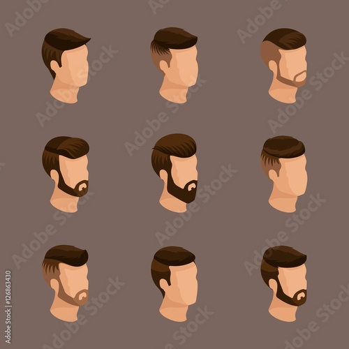 Popular isometrics, men's hairstyles, hipster style. Laying, beard, mustache. Modern, stylish hairstyle, young people, fashion business, qualitative study. Vector illustration