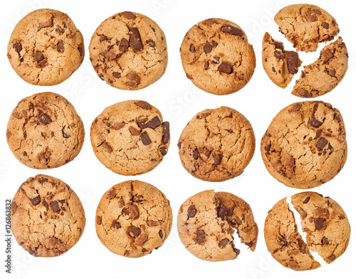 Set round cookies with chocolate. Sweet pastries. Isolated on white background.