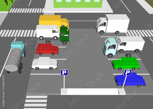 Car Parking lot 3d.  Transport set  icon. Various automobiles  3d. City view from above.  Cityscape vector illustration.