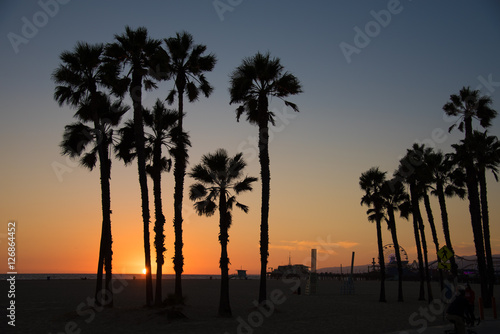 Silhouette of Santa Monica beach at sunset