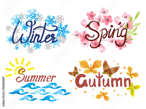 Four Seasons - winter, spring, summer, autumn. Vector watercolor illustration. 