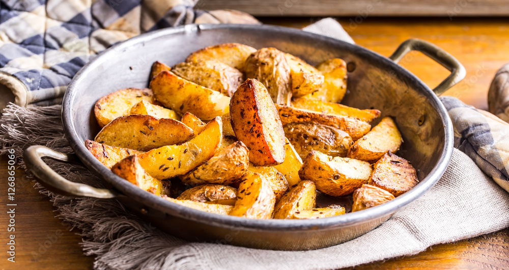 Potato. Roasted potatoes. American potatoes with salt pepper and cumin. Roasted potato wedges delicious crispy. Potato. Roasted potatoes. American potatoes with salt pepper and cumin. Roasted potato wedges delicious crispy.