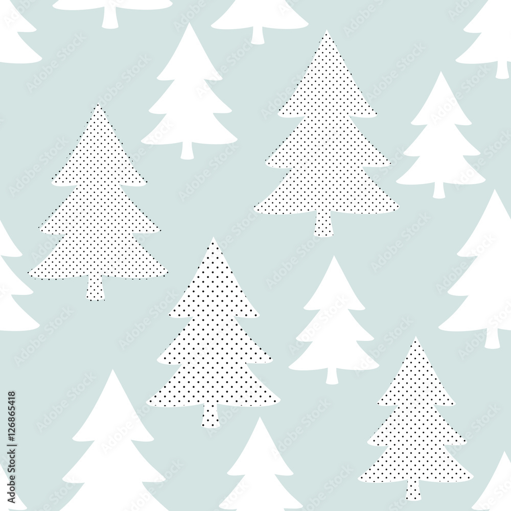 Seamless pattern with Christmas trees in white on blue background.
