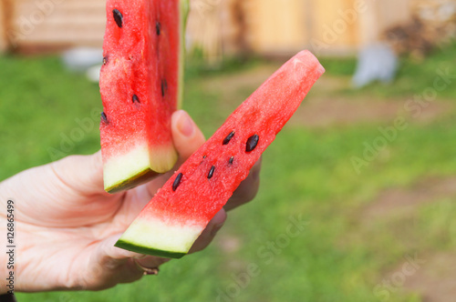 Hand holding two piece of watermelon