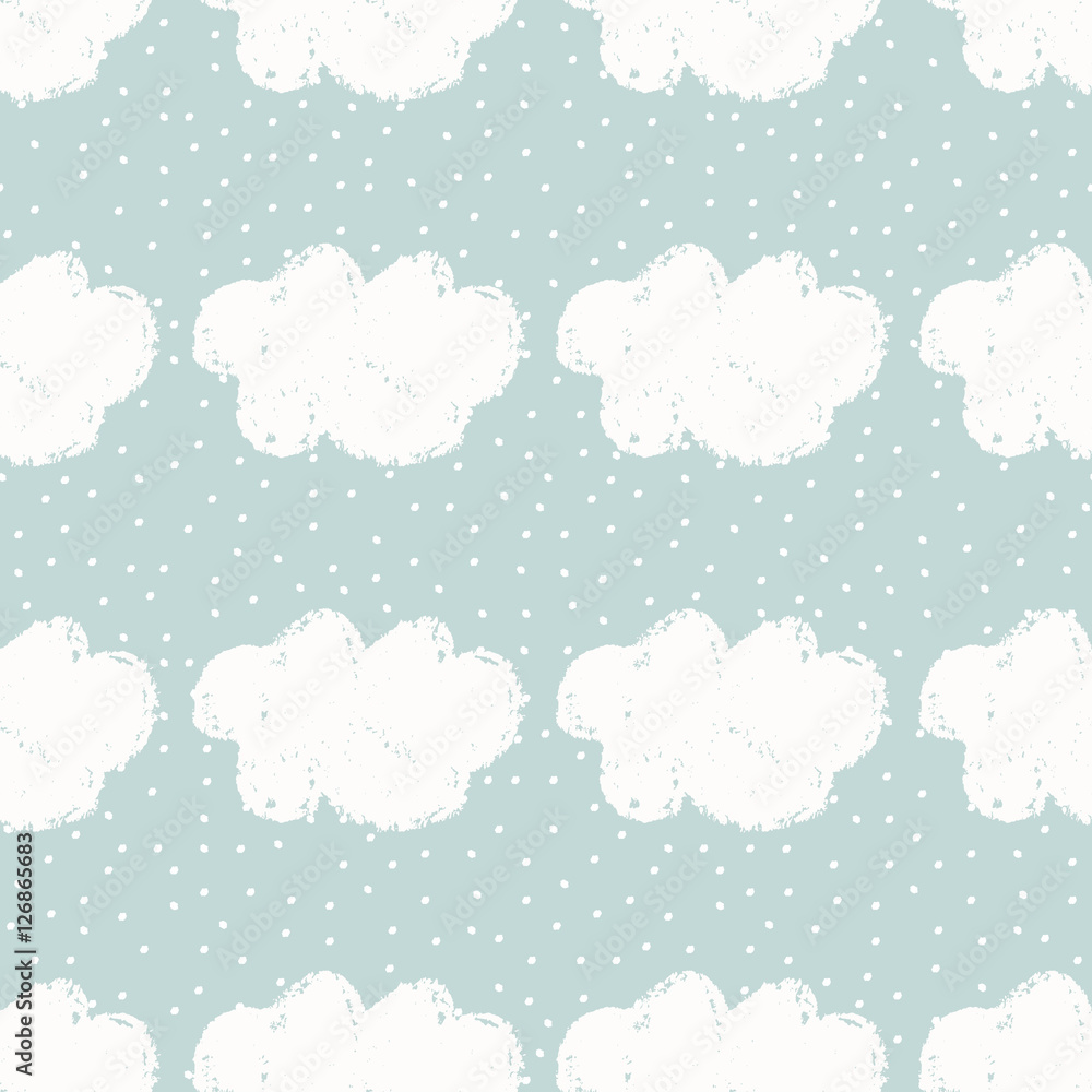 Seamless pattern with hand drawn clouds and dots on blue background. Seamless pattern with hand drawn clouds and dots on blue background.