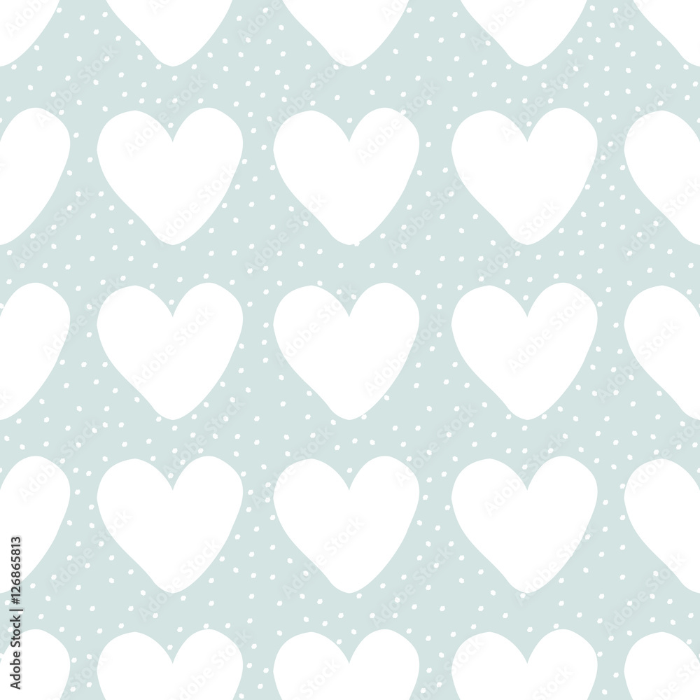 Seamless pattern with hearts and dots in white on blue background.
