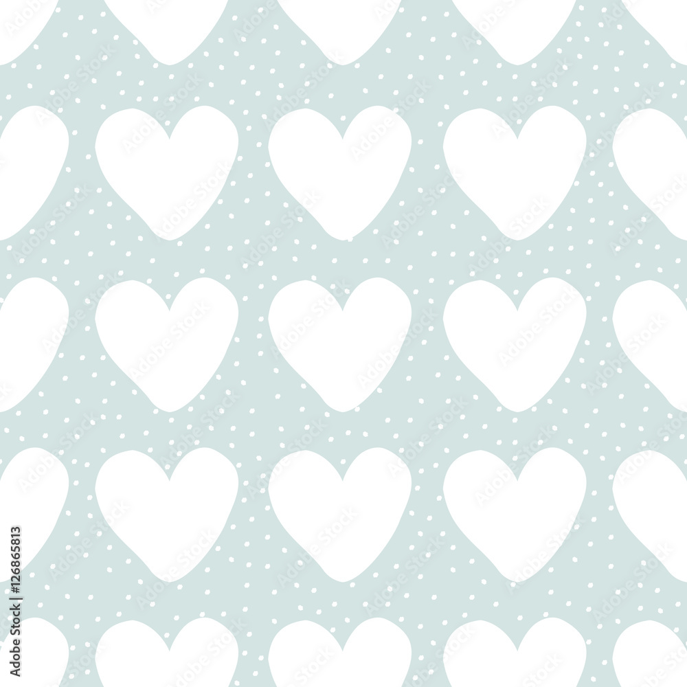 Seamless pattern with hearts and dots in white on blue background. Seamless pattern with hearts and dots in white on blue background.