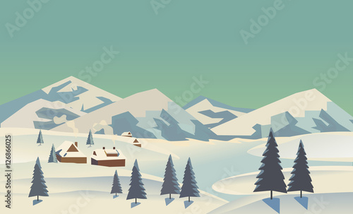 Winter nature landscape. Mountain river in snowy glacier valley. Houses on bank under snow. Lake view in hills pine trees. Countryside rural scene background. Cartoon outdoors vector Illustration