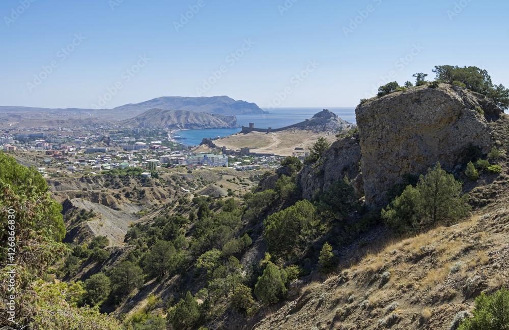 View of the resort town from a mountainside. Crimea, September.