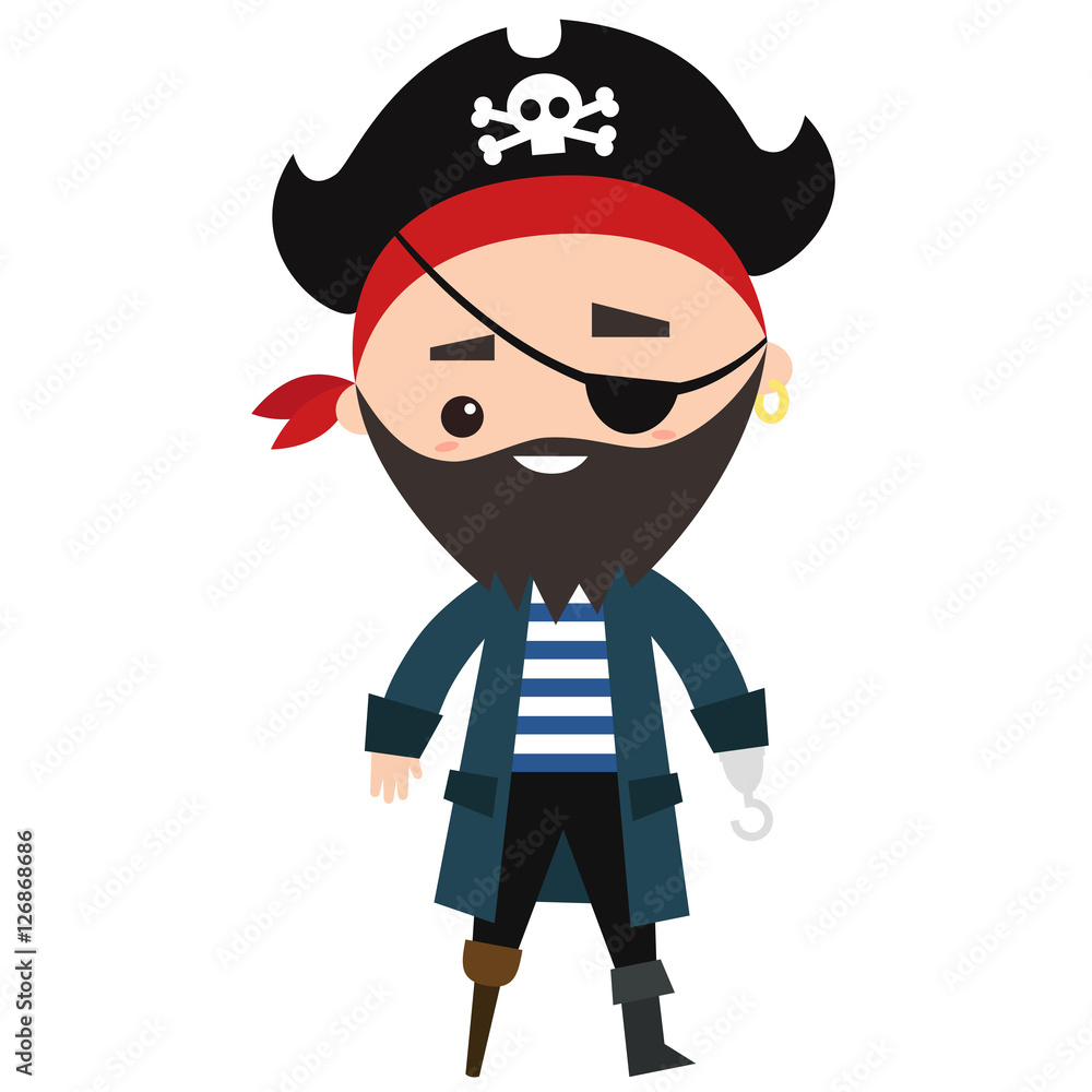 Funny pirate with eye patch, hook instead of hand and wooden prosthesis wearing captain hat with a scull / editable clip art vector flat illustration