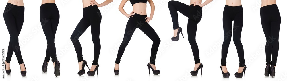 Black leggings in beauty fashion concept isolated on white Black leggings in beauty fashion concept isolated on white
