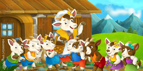 Fototapeta Cartoon scene with mother goat and her kids - illustration for children