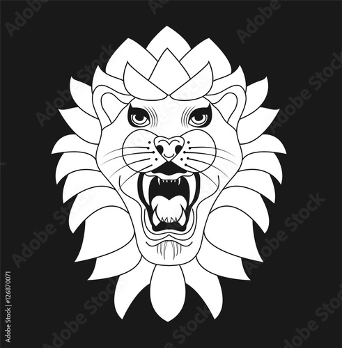 Vector illustration of a lion's head for coloring, separate black background, testa di leone vettoriale da colorare con sfondo nero separato