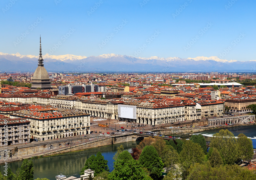 Turin, view of the city and the Alps, Italy.