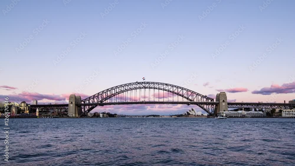 Sydney Harbour Bridge sunset timelapse in 4k. Wide shot. Sydney Harbour Bridge sunset timelapse in 4k. Wide shot.