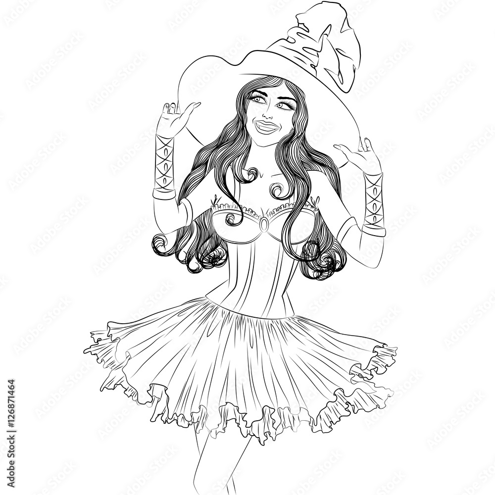 Fototapeta premium Vector drawing of young sexy witch in a hat