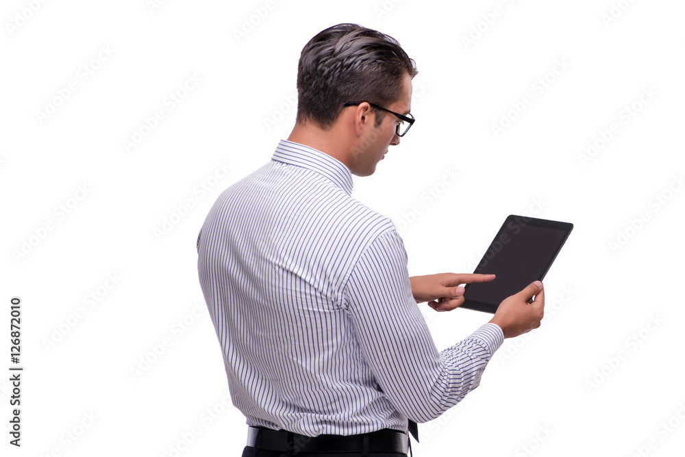 Handsome businessman working with tablet computer isolated on wh Handsome businessman working with tablet computer isolated on wh