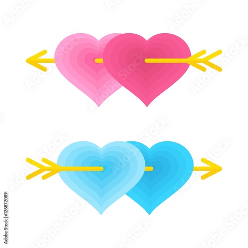 Two lovers gay heart pierced by Cupid arrow. Flat vector cartoon lovers heart illustration. Objects isolated on a white background.