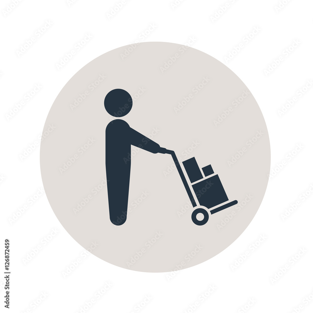 Icono plano hombre con carretilla de carga en circulo gris Icono plano hombre con carretilla de carga en circulo gris