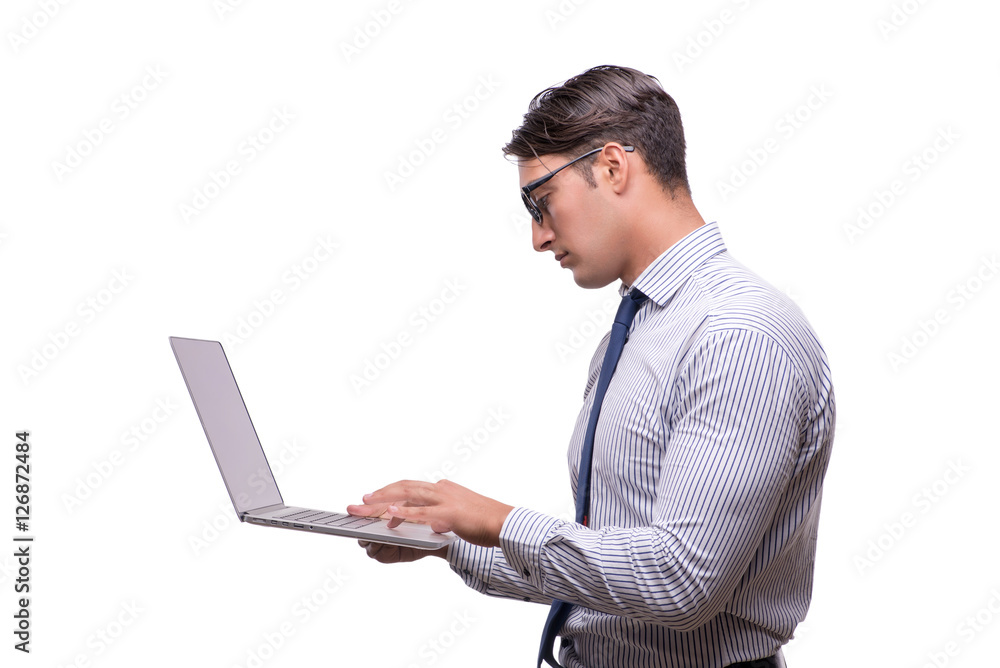 Handsome businessman working with laptop computer isolated on wh