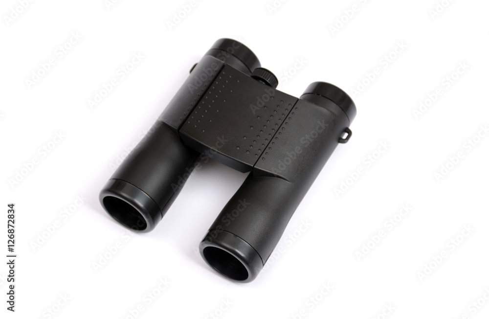 Binoculars in black plastic on a white background Binoculars in black plastic on a white background