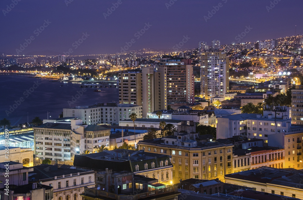 Beatiful night aerial view of Valparaiso in Chile