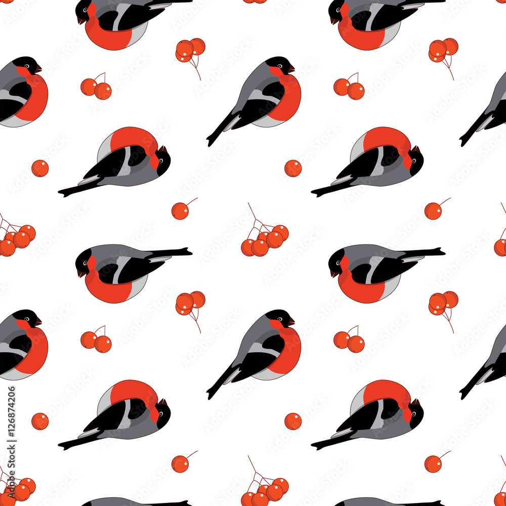 Seamless pattern with bullfinchs and rowan berries. Vector illustration on white background.
